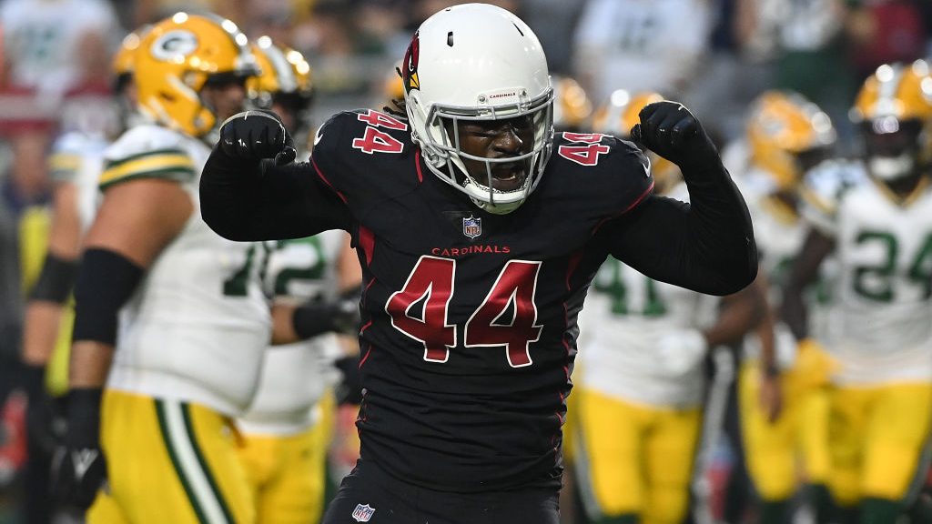 Markus Golden #44 of the Arizona Cardinals reacts to a defensive play during the first half against...