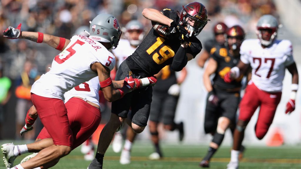 Wide receiver Ricky Pearsall #19 of the Arizona State Sun Devils runs with the football after a rec...