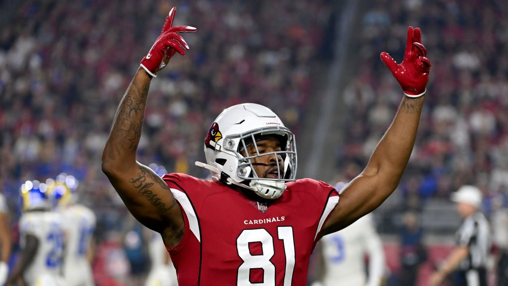Darrell Daniels #81 of the Arizona Cardinals reacts during the first quarter of the game against th...