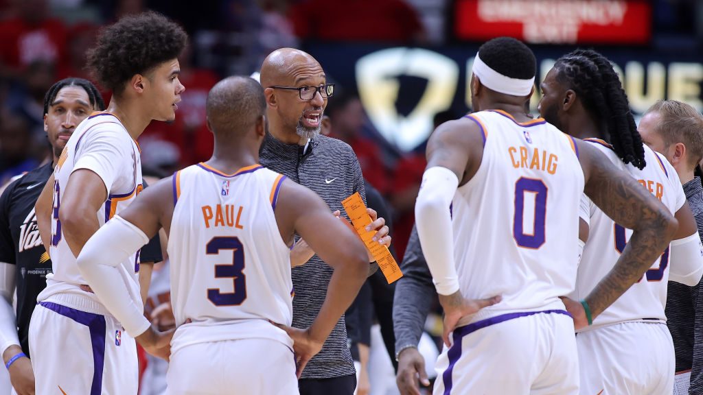 Head coach Monty Williams of the Phoenix Suns reacts against the New Orleans Pelicans during Game T...