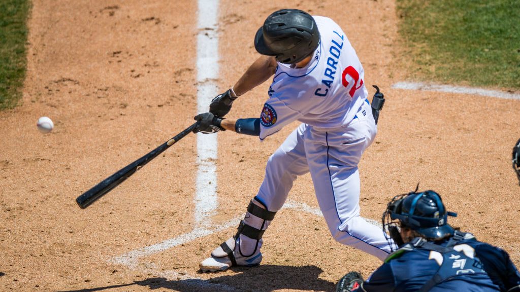 Outfielder Corbin Carroll #2 of the Amarillo Sod Poodles hits a home during the game against the Sa...