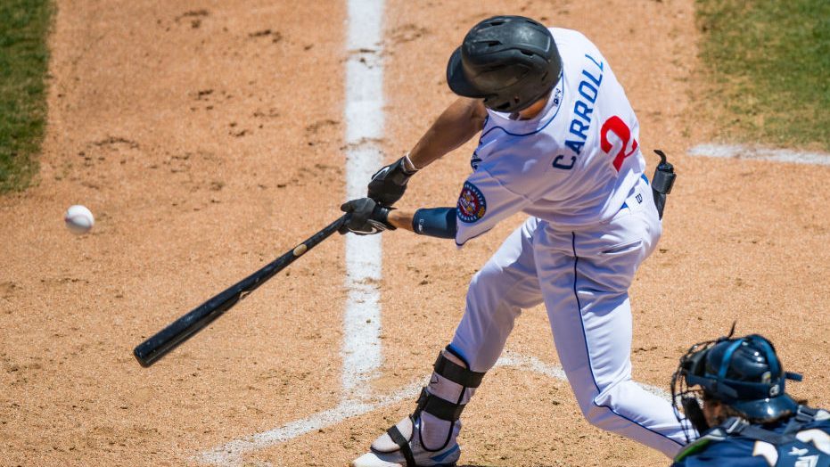 Outfielder Corbin Carroll #2 of the Amarillo Sod Poodles hits a home during the game against the Sa...