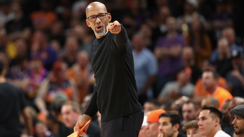 Head coach Monty Williams of the Phoenix Suns reacts during the second half of Game Five of the Wes...