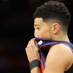 Devin Booker #1 of the Phoenix Suns reacts during the first half in Game Seven of the 2022 NBA Playoffs Western Conference Semifinals against the Dallas Mavericks at Footprint Center on May 15, 2022 in Phoenix, Arizona. (Photo by Christian Petersen/Getty Images)