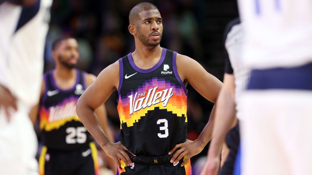 Chris Paul #3 of the Phoenix Suns reacts during the third quarter against the Dallas Mavericks in G...