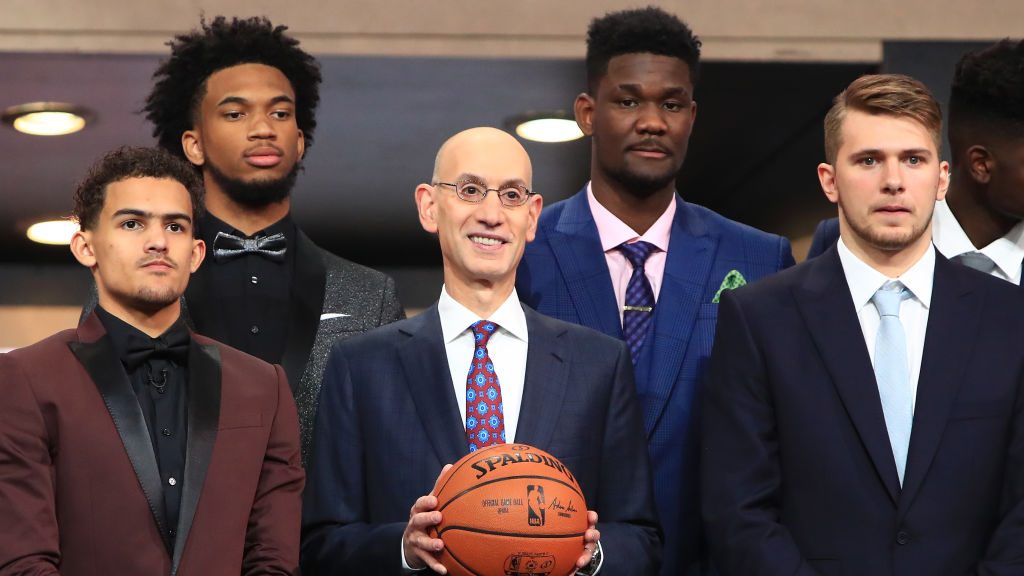 NBA Commissioner Adam Silver (C) poses with NBA Draft Prospects Trae Young, Marvin Bagley III, Dean...