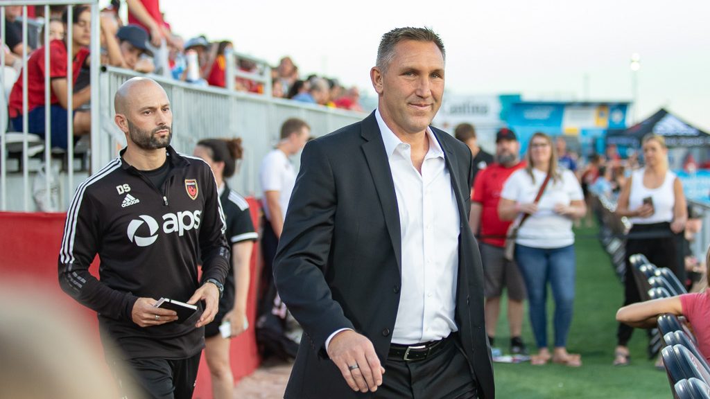 Phoenix Rising FC manager Rick Schantz walks out of the tunnel prior to a USL Championship match ag...