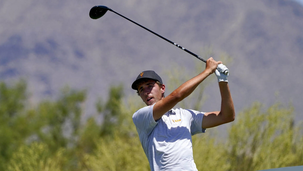 Arizona State golfer David Puig hits from the third tee during the semifinal round of the NCAA coll...