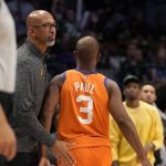 Phoenix Suns head coach Monty Williams, left, greets, Chris Paul (3) at the bench after Paul fouled out in the second half of Game 4 of an NBA basketball second-round playoff series against the Dallas Mavericks, Sunday, May 8, 2022, in Dallas. (AP Photo/Tony Gutierrez)