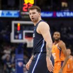 
              Dallas Mavericks guard Luka Doncic shouts at an official standing nearby in the first half of Game 4 of an NBA basketball second-round playoff series, Sunday, May 8, 2022, in Dallas. (AP Photo/Tony Gutierrez)
            