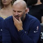Dallas Mavericks head coach Jason Kidd reacts to a play during the second half of Game 2 of an NBA basketball second-round playoff series against the Phoenix Suns, Wednesday, May 4, 2022, in Phoenix. (AP Photo/Matt York)