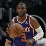 Phoenix Suns guard Chris Paul (3) bring the ball up court against the Dallas Mavericks during the first half of Game 3 of an NBA basketball second-round playoff series, Friday, May 6, 2022, in Dallas. (AP Photo/Tony Gutierrez)