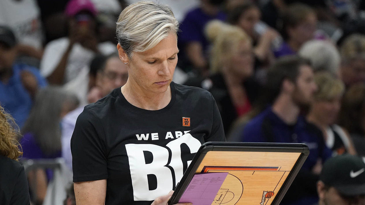 New Phoenix Mercury head coach Vanessa Nygaard wears a T-shirt referring to player Brittney Griner ...