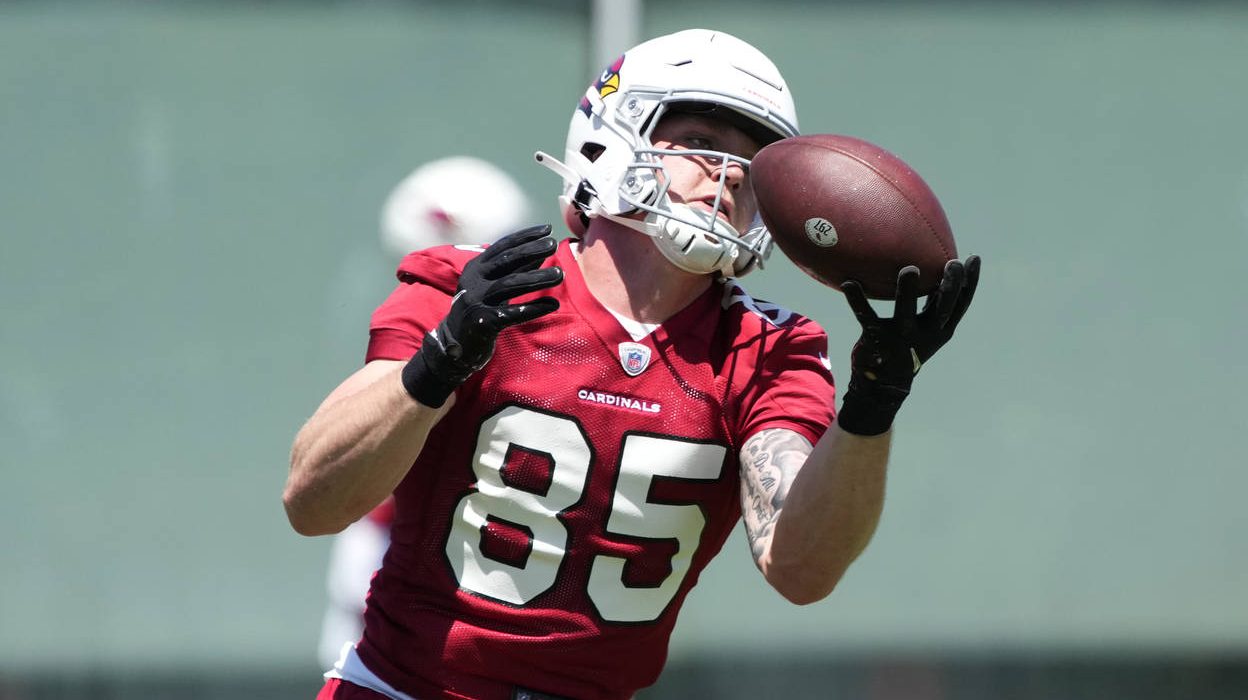 Arizona Cardinals tight end Trey McBride takes part in drills at the NFL football team's practice f...