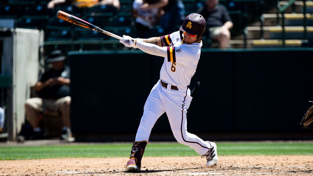 Arizona State Outfielder Kai Murphy (6) swings at a fast ball during a baseball game between the Ar...