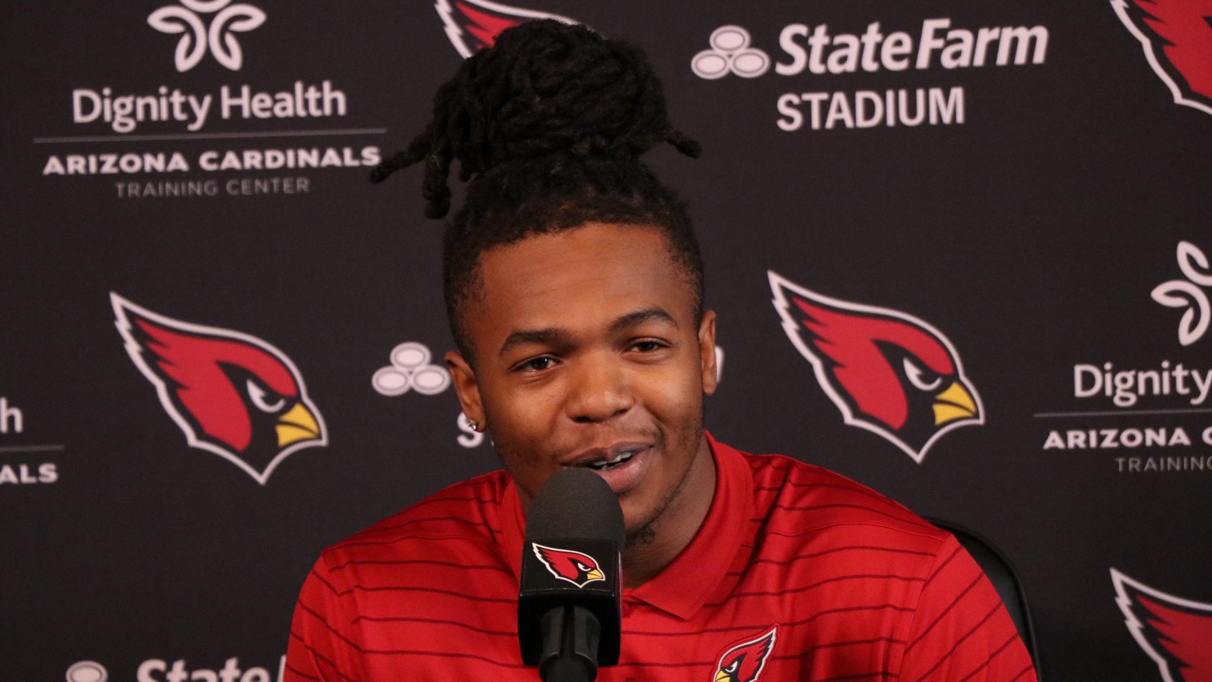 Arizona Cardinals rookie running back Keaontay Ingram speaks with the media during his introductory...