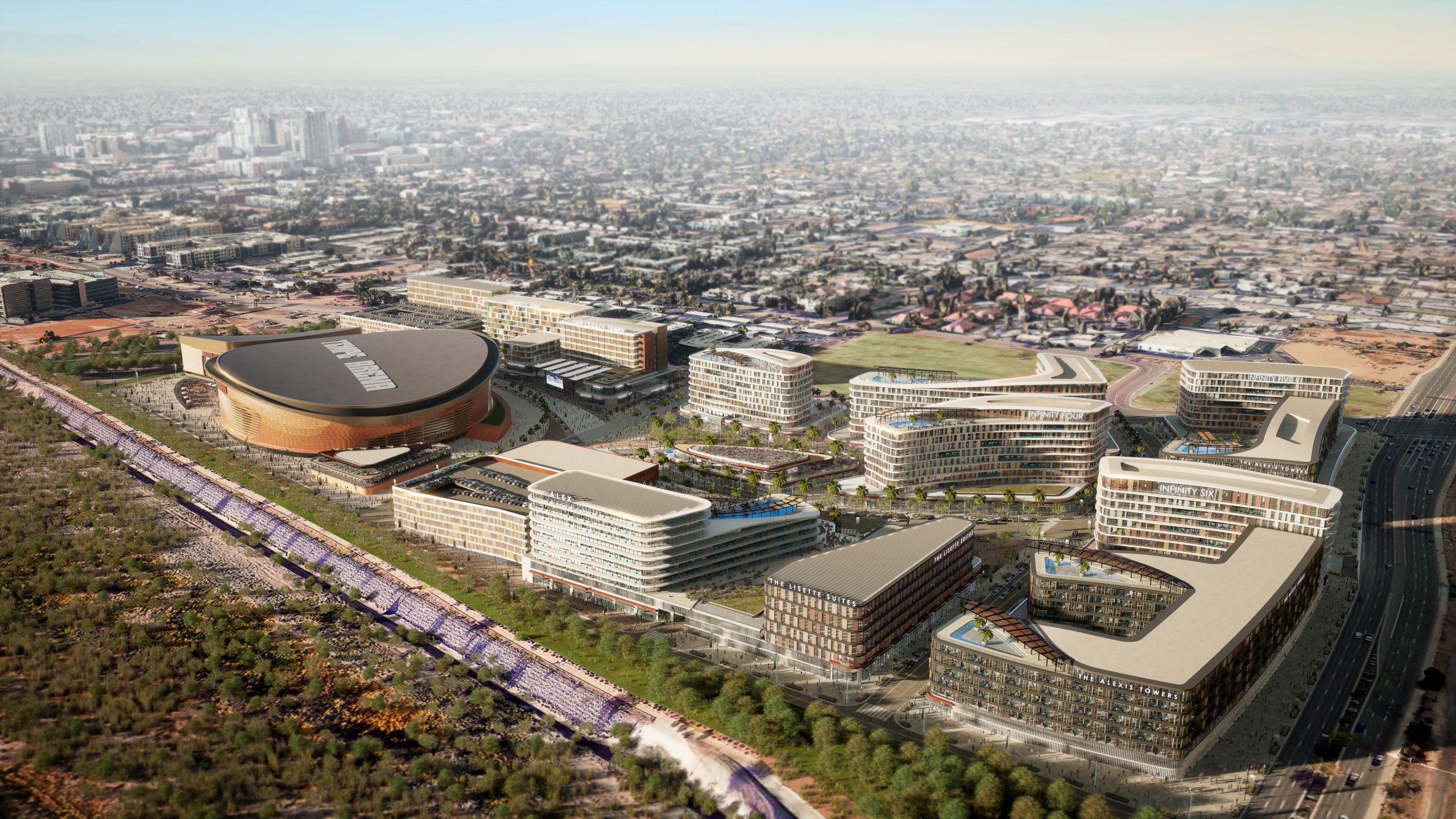 A rendering of the Arizona Coyotes' proposed Tempe arena revealed June 3 after a 5-2 Tempe City Cou...