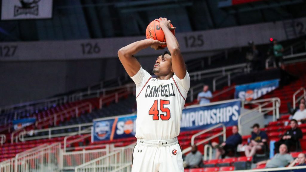 Cedric Henderson Jr. (45) of the Campbell Fighting Camels takes a shot during the Big South Tournam...