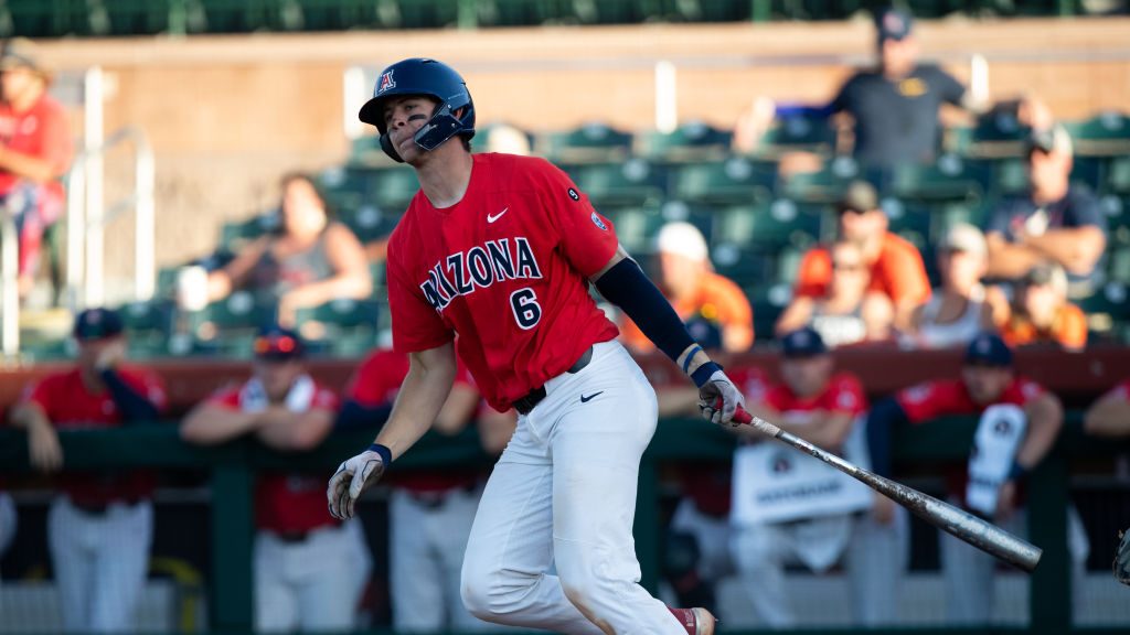 Arizona Wildcats Catcher Daniel Susac (6)  hits a foul ball down the third base line during the PAC...
