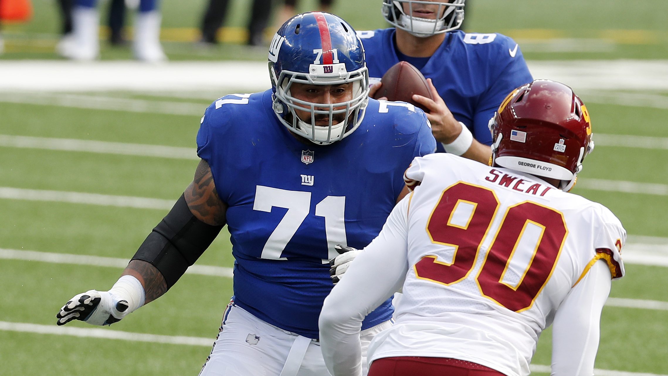 Will Hernandez #71 of the New York Giants in action against the Washington Football Team at MetLife...