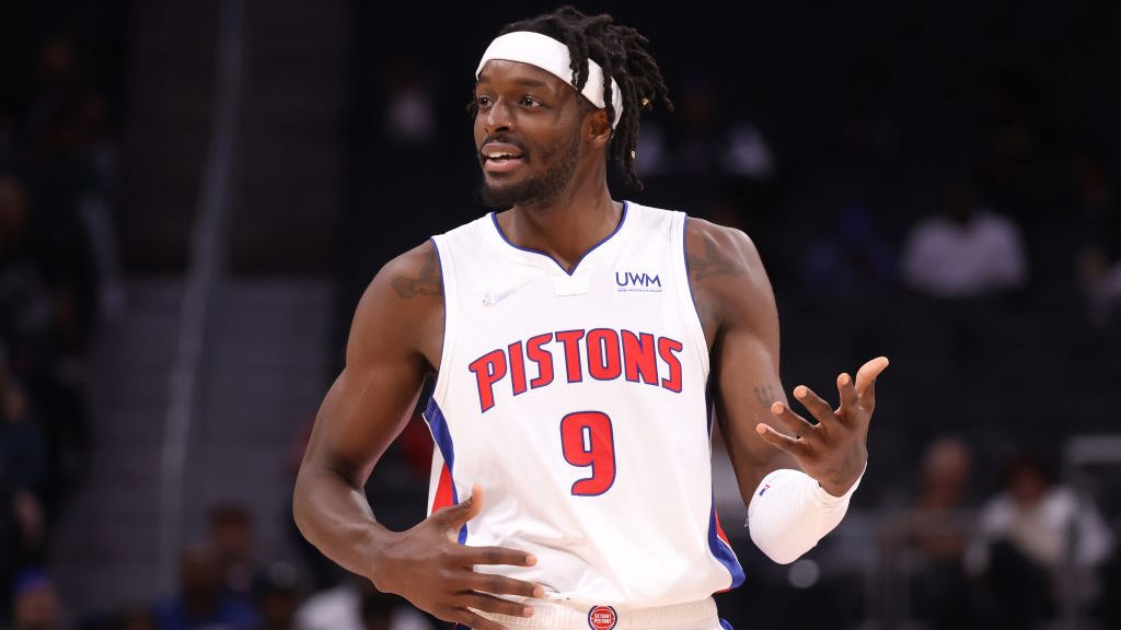 Jerami Grant #9 of the Detroit Pistons reacts during a preseason game against the San Antonio Spurs...