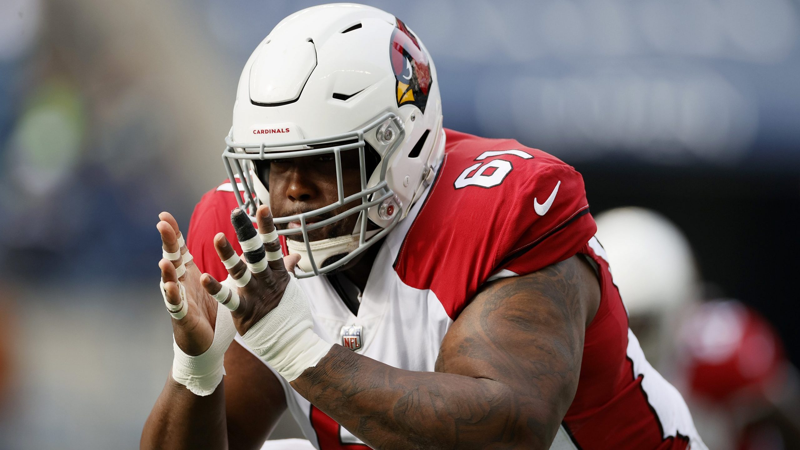 Rodney Hudson #61 of the Arizona Cardinals during warm-ups before the game Seattle Seahawks at Lume...