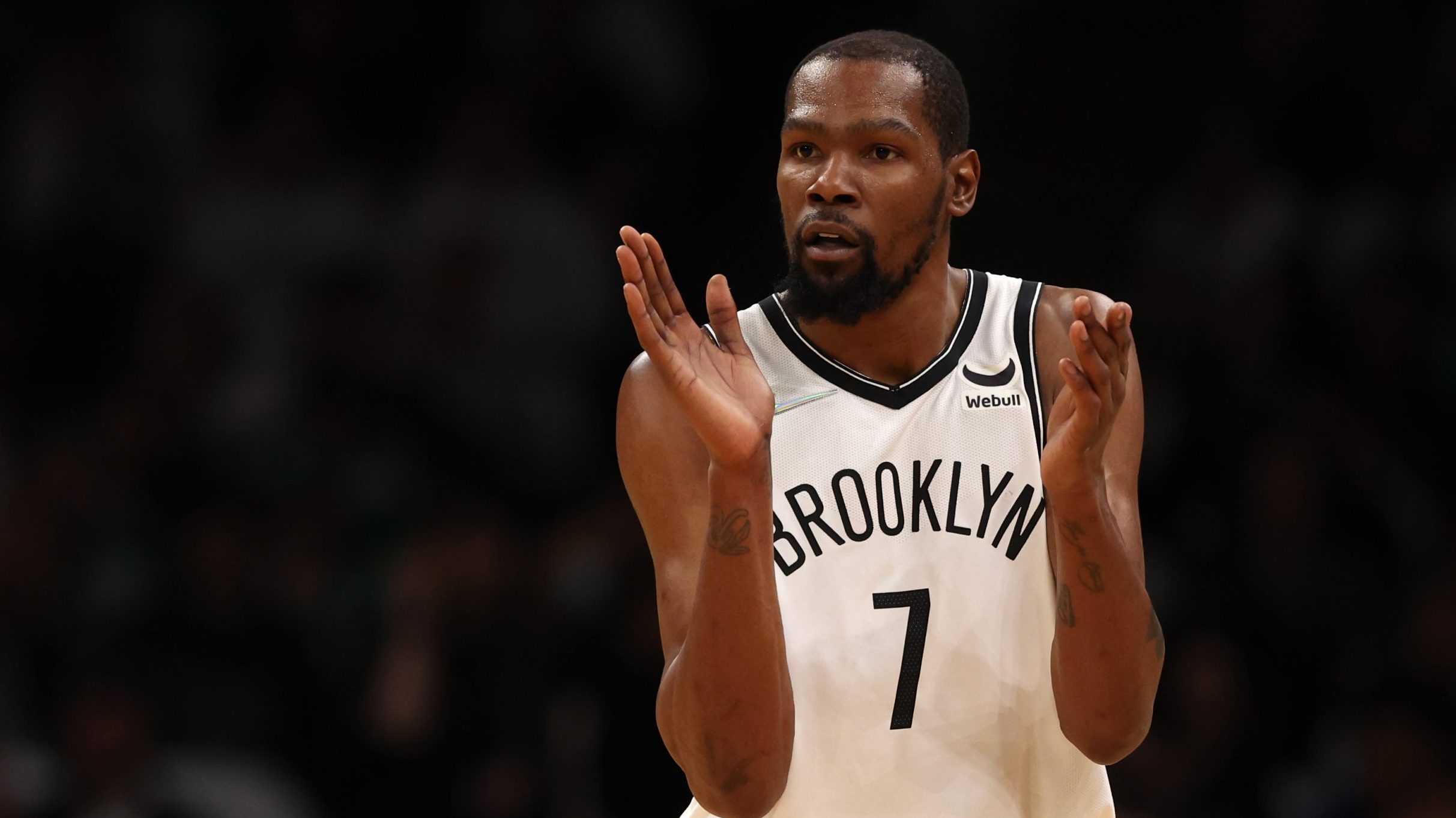 Kevin Durant #7 of the Brooklyn Nets claps during the first quarter of Round 1 Game 1 of the 2022 N...