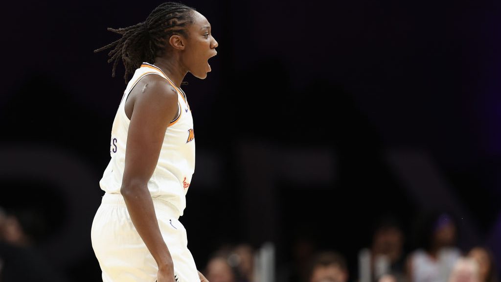 Tina Charles #31 of the Phoenix Mercury reacts after scoring. (Photo by Christian Petersen/Getty Im...