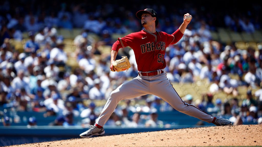 Kyle Nelson #50 of the Arizona Diamondbacks throws against the Los Angeles Dodgers in the seventh i...