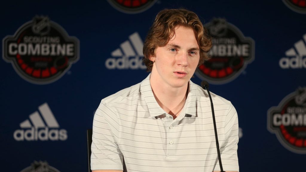 Logan Cooley speaks at the Top Prospects Media Availability at the NHL Scouting Combine at HarborCe...