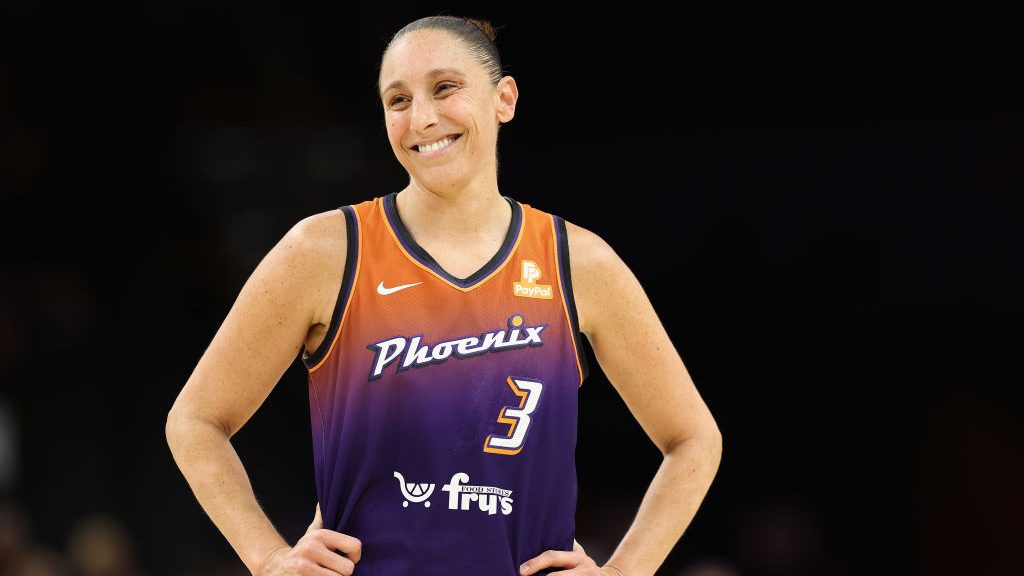 Diana Taurasi #3 of the Phoenix Mercury reacts during the first half of the WNBA game against the A...