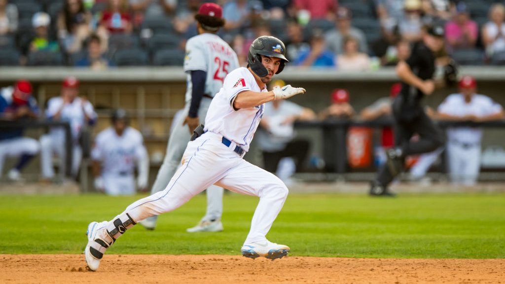 Outfielder Corbin Carroll #2 of the Amarillo Sod Poodles runs to second base during the game agains...