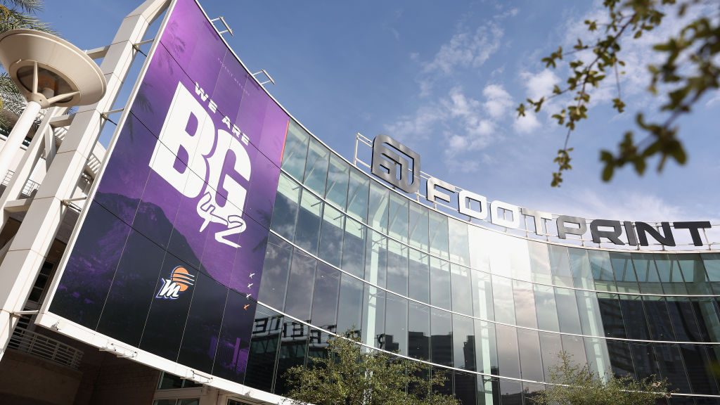 "We Are BG 42" is displayed on the exterior of Footprint Center before the WNBA game between the Ph...