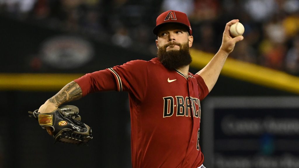 Dallas Keuchel #60 of the Arizona Diamondbacks delivers a first inning pitch against the Detroit Ti...