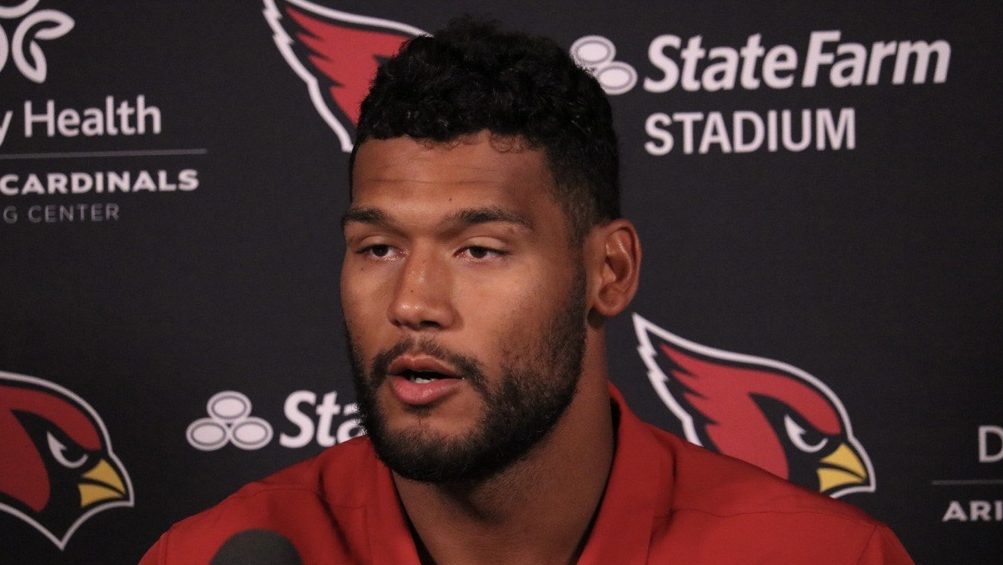 Arizona Cardinals LB Zaven Collins speaks with the media after OTAs on Thursday, June 9, 2022, in T...