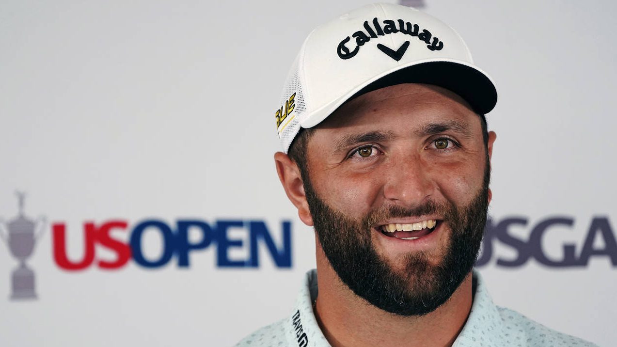 Jon Rahm, of Spain, answers a reporter's question during a media availability ahead of the U.S. Ope...