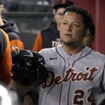 Detroit Tigers' Miguel Cabrera walks in the dugout after hitting a single against the Arizona Diamondbacks in the eighth inning of a baseball game Friday, June 24, 2022, in Phoenix. Cabrera was replaced by a pinch-runner. Detroit won 5-1. (AP Photo/Rick Scuteri)