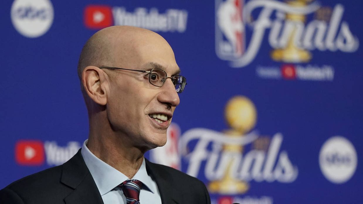 NBA Commissioner Adam Silver speaks at a news conference before Game 1 of basketball's NBA Finals b...