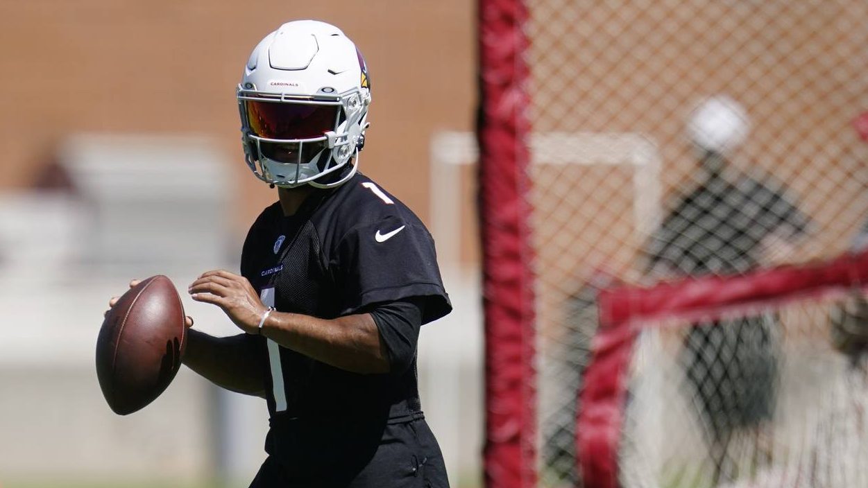 Arizona Cardinals quarterback Kyler Murray drops back to pass as he takes part in drills at the NFL...