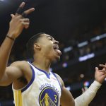 Golden State Warriors guard Jordan Poole celebrates after scoring against the Boston Celtics during the second half of Game 5 of basketball's NBA Finals in San Francisco, Monday, June 13, 2022. (AP Photo/Jed Jacobsohn)