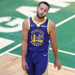 Golden State Warriors guard Stephen Curry (30) reacts during the first quarter of Game 6 of basketball's NBA Finals against the Boston Celtics, Thursday, June 16, 2022, in Boston. (AP Photo/Michael Dwyer)