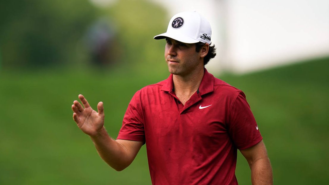 Matthew Wolff reacts after a shot on the 11th hole during the second round of the Travelers Champio...