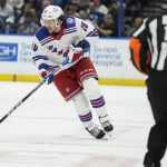 New York Rangers left wing Artemi Panarin (10) breaks out against the Tampa Bay Lightning during the first period in Game 6 of the NHL hockey Stanley Cup playoffs Eastern Conference finals, Saturday, June 11, 2022, in Tampa, Fla. (AP Photo/Chris O'Meara)