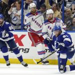Tampa Bay Lightning center Steven Stamkos (91) celebrates after scoring against the New York Rangers during the third period in Game 6 of the NHL hockey Stanley Cup playoffs Eastern Conference finals Saturday, June 11, 2022, in Tampa, Fla. (AP Photo/Chris O'Meara)