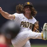 San Diego Padres starting pitcher Mike Clevinger works against an Arizona Diamondbacks batter during the first inning of a baseball game Wednesday, June 22, 2022, in San Diego. (AP Photo/Gregory Bull)