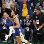 Golden State Warriors guard Stephen Curry (30) reacts during the second quarter of Game 6 of basketball's NBA Finals against the Boston Celtics, Thursday, June 16, 2022, in Boston. (AP Photo/Michael Dwyer)