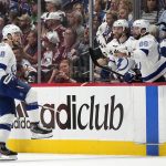 Tampa Bay Lightning defenseman Mikhail Sergachev (98) celebrates his goal against the Colorado Avalanche during the second period of Game 1 of the NHL hockey Stanley Cup Final on Wednesday, June 15, 2022, in Denver. (AP Photo/John Locher)