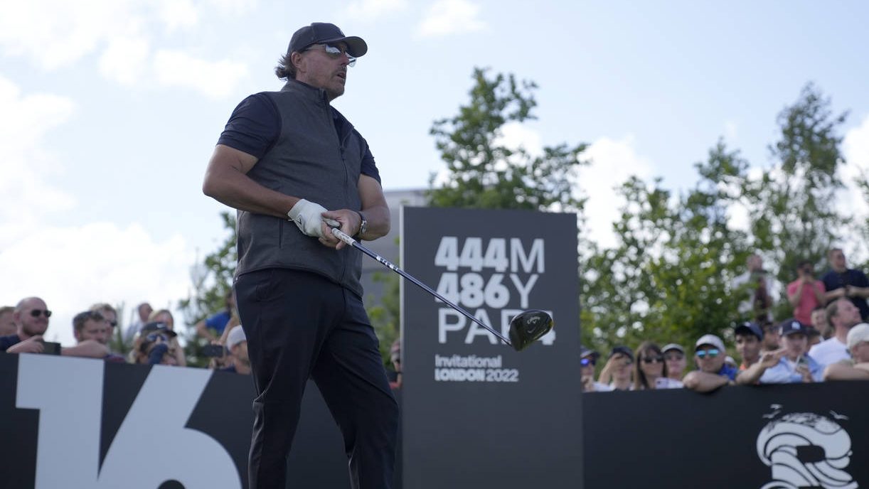Phil Mickelson of the United States waits to play his tee shot on the 16th hole during the final ro...