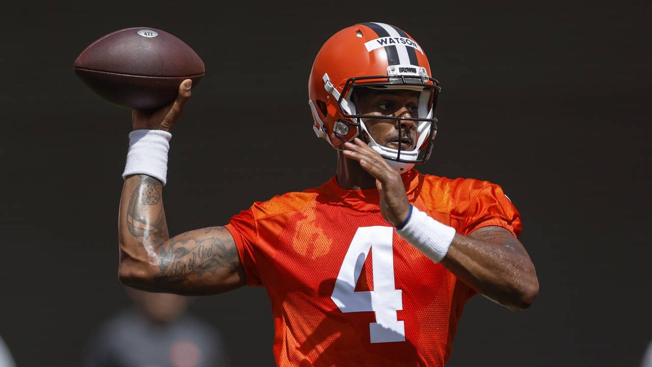 Cleveland Browns quarterback Deshaun Watson throws a pass during an NFL football practice at FirstE...