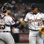 Detroit Tigers catcher Eric Haase and pitcher Gregory Soto (65) celebrate the team's win over the Arizona Diamondbacks in a baseball game Friday, June 24, 2022, in Phoenix. (AP Photo/Rick Scuteri)
